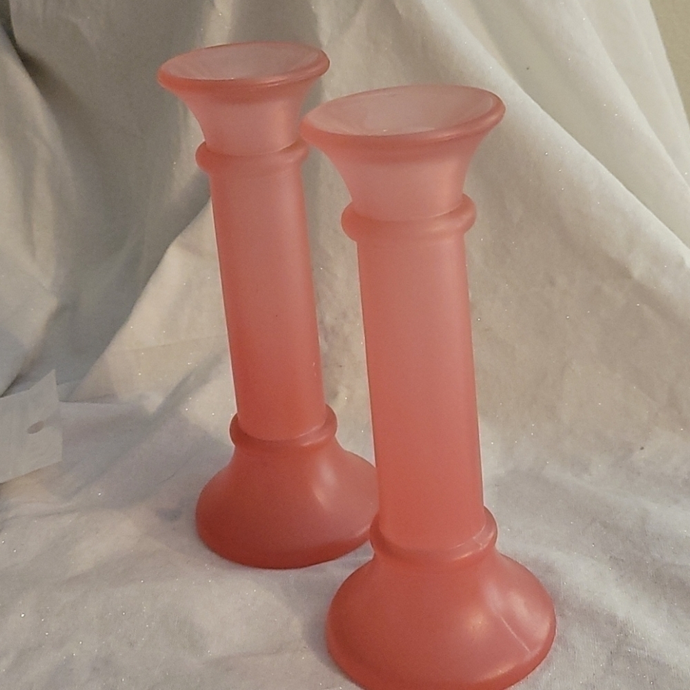 Vtg Frosted Pastel Pink Retro Modernist Glass Candle Stick Holders - Picture 2 of 4